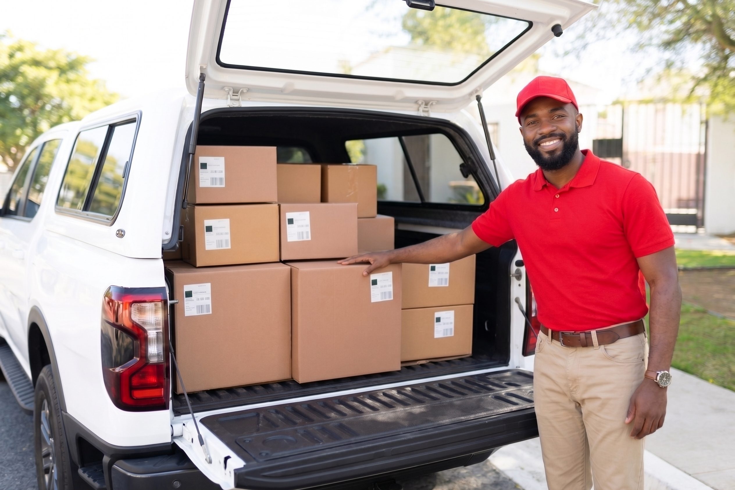 Driver loading delivery boxes into a pickup truck